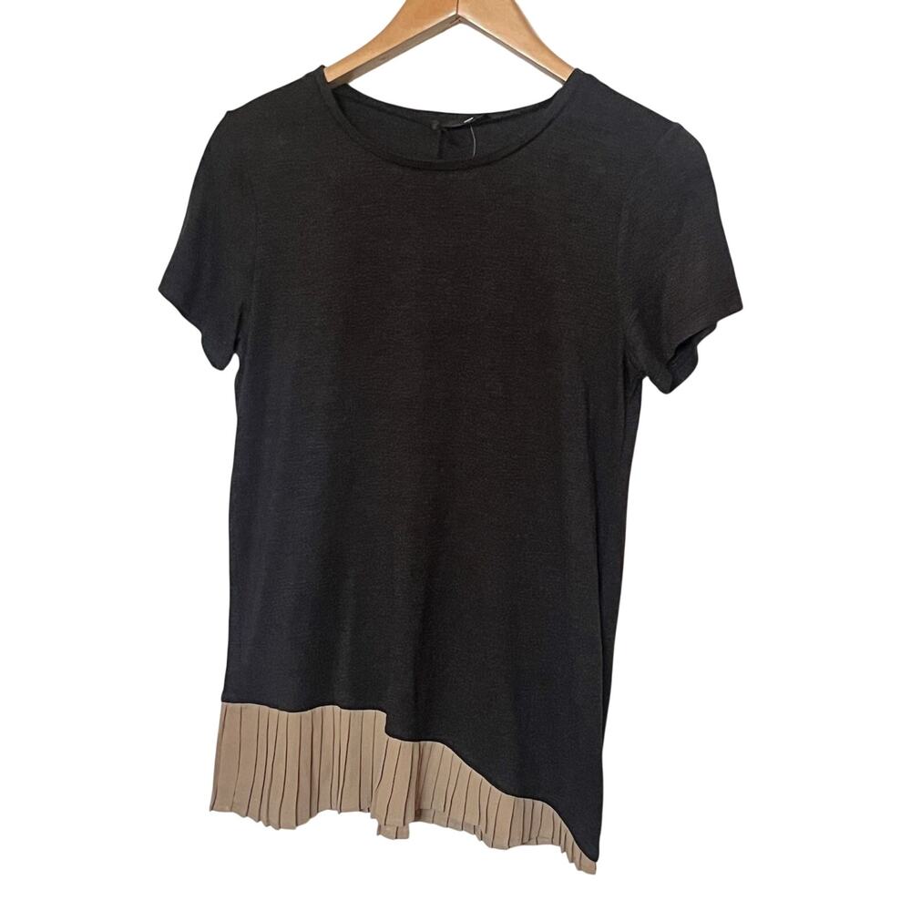 THML Anthropologie Black Tan Pleated Asymmetrical Hem Top Sz Small NWT Casual